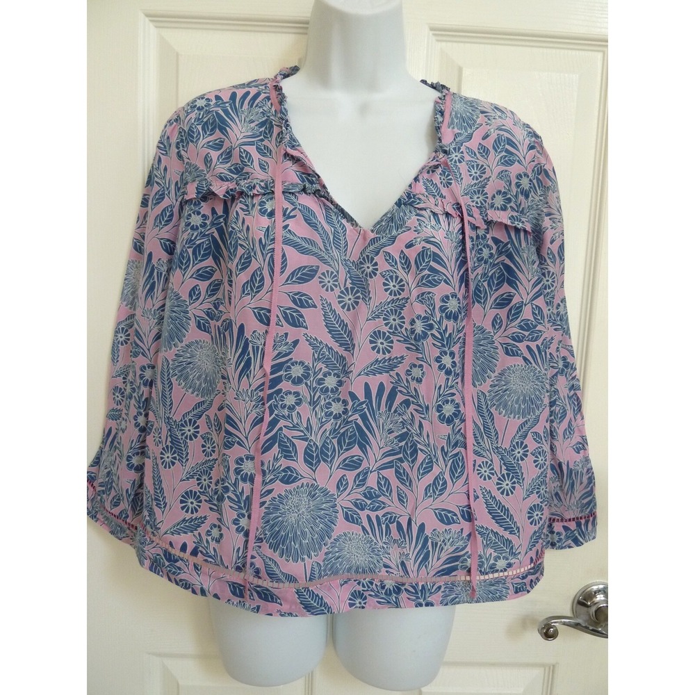 Abigail Borg for J. Crew Pink Blue Floral Cotton Silk Cropped Blouse Small 4-6